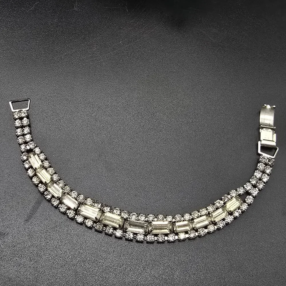 Vintage Clear Rhinestone Bracelet Glam Costume Jewelry